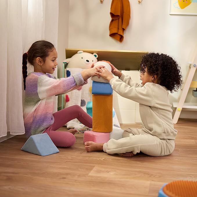 B. Toys - Sensory Foam Building Blocks for Kids - 8-Piece Textured Stacking Toys for Babies 6-12 Months - Soft Geometric Shapes with Tactile Fabric Cover - Foam Blocks for Toddlers