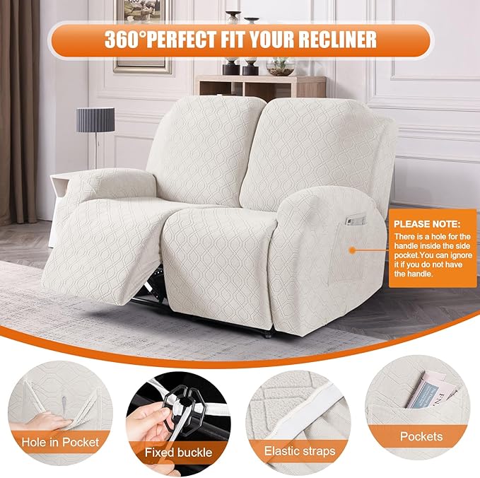 VANSOFY Recliner Cover, 2-Pieces Stretch Reclining Couch Cover with Pockets Loveseat Sofa Slipcovers Soft Washable Furniture Protector for Dogs Cats(Off White)