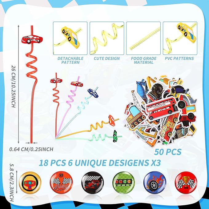 Sadnyy 140 Pcs Race Car Party Favors Birthday Party Decorations Supplies Drawstring Bags with Silicone Bracelets Keychains Straws Button Pins Stickers for Classroom Rewards Goodie Bags Stuffers