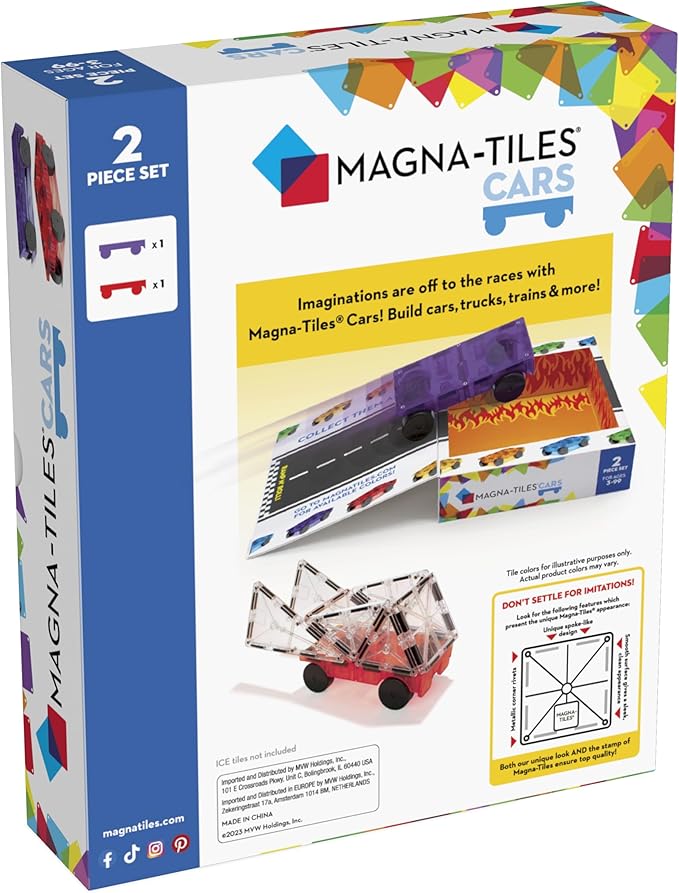 MAGNA-TILES Cars – Purple & Red 2-Piece Magnetic Construction Set, The Original Magnetic Building Brand
