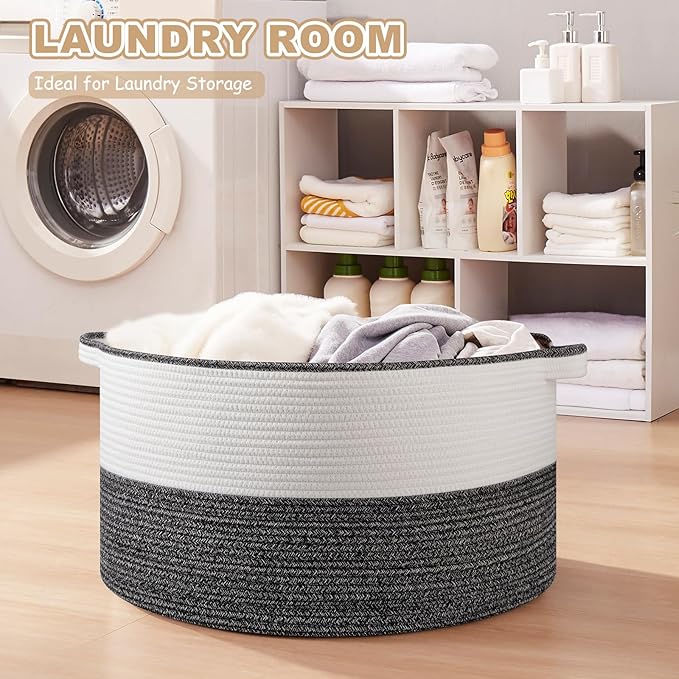 OIASKET Large Blanket Basket with Handles, 22.8" x 22.8" x 13" Woven Storage Basket for Living Room, Cotton Rope Baby Toy Storage for Clothes, Pillows, Towels-Black & White