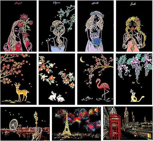 Magic Scratch Art Paper(7.9"x5.5"), Rainbow Landscape Engraving Art Mini Scratchboard Pads for Adults and Kids, Art & Crafts Set: 12 Sheets Scratch Postcard Cards & Drawing Pens, Brush (City Living)