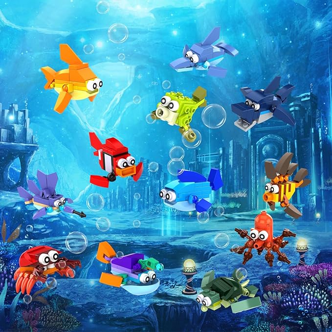 12 In 1 Pre Filled Sea Creatures Building Block Set-12 Pcs Mini Building Blocks Toys, STEM Building Blocks Toys, Classroom Prize Toys, Party Favor for Kids,Birthday,Goodie Bags,Carnival Prizes