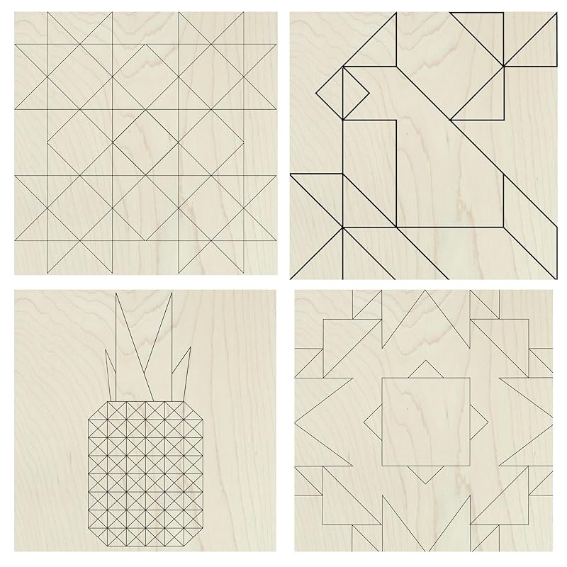 Set of Four 9 Inch Barn Quilt Kit DIY Pattern Unfinished Wood Quilting Block Sign Paintable Crafts for Women, Children, Men, Party (HST Fun, Cardinal, Pineapple, Boho)