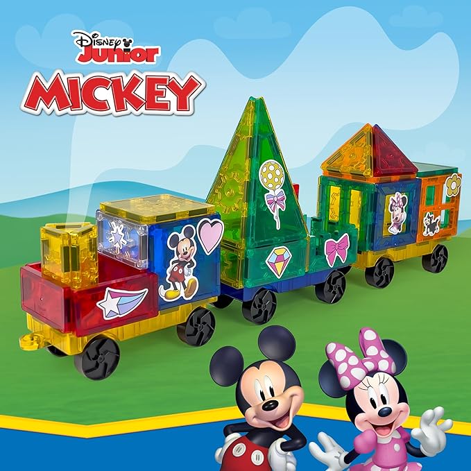 Official Disney Junior Mickey Train Magnetic Tile Set – 41-Piece STEM Building Kit with Wheeled Base Cars, Reusable Stickers & Learning Workbook – Educational Toy for Kids Ages 3+