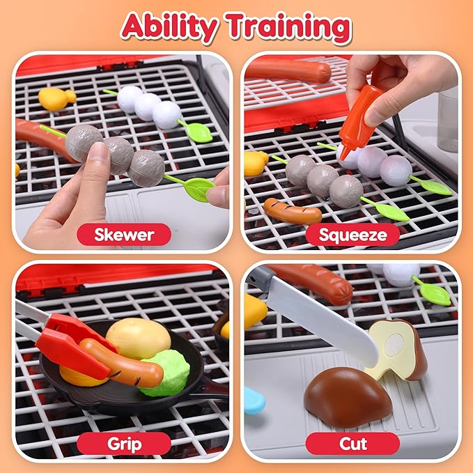 CUTE STONE Kids BBQ Grill Playset, Kitchen Toy Set, Realistic Smoke, Sound & Light,Kitchen Grill Playset,Toy Kitchen Accessories, Indoor Outdoor Interactive Pretend Play Toys for Boys Girls, 23.6" H