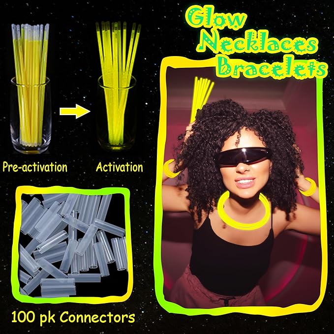 100 pk 8" Yellow Glow Sticks Bulk Party Favors, Light up Glow Necklaces & Bracelets in the Dark Party Supplies For Christmas Halloween Birthday Neon Party (100 * Yellow)
