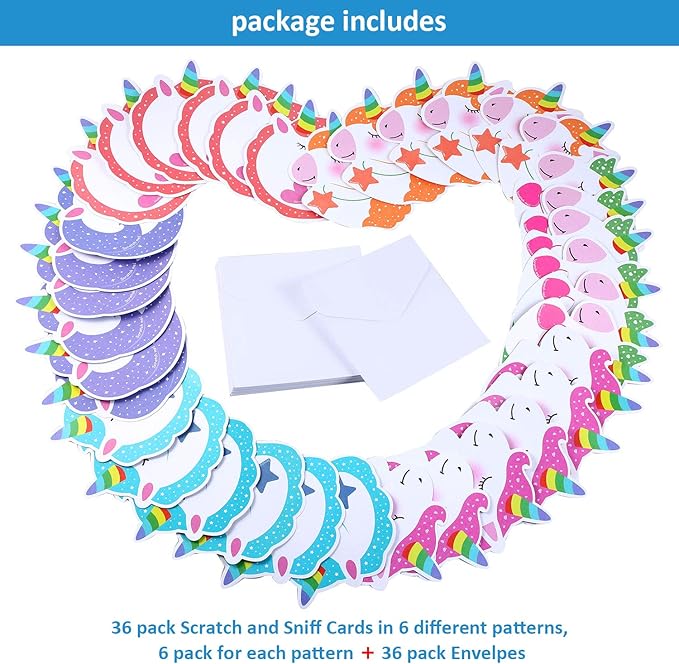 36 Pieces Unicorn Valentines Day Scratch and Sniff Cards for Kids, 6 Style Unicorn Scents Scratch and Sniff Exchange Present Cards for School Classroom Supplies Children Party Favors with 36 Envelopes