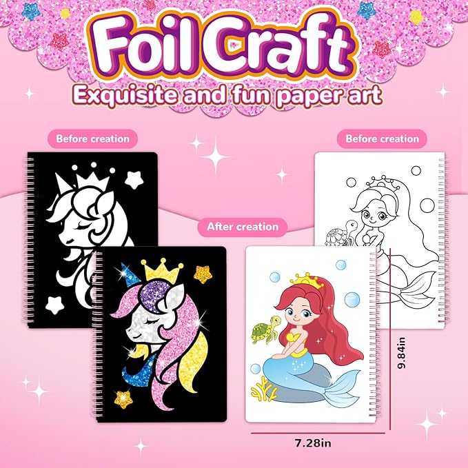Syahro Art Craft Activity for Kids: Foil Funny Princess, Unicorn and Mermaid Carefree Creative Travel Set, Idea for 3 4 5 6 7 8 9 Year Old Girls,Art Travel Toy Suitable for Girls