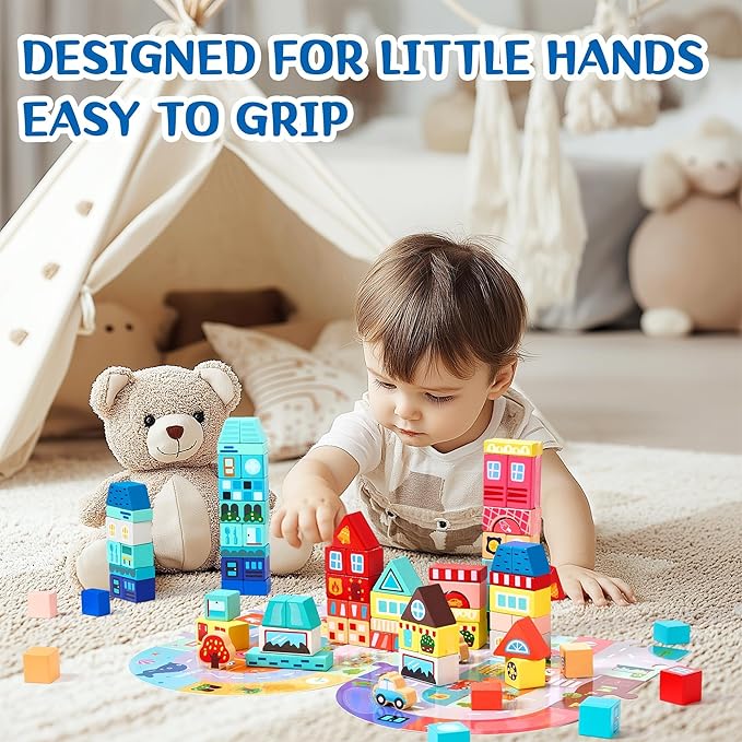 VigorFun 100 PCS Wooden Building Blocks Set - City Builder Stacking Toy with Storage Bag, Montessori Preschool Toys for Kids Toddlers Birthday Gifts Ages 3+