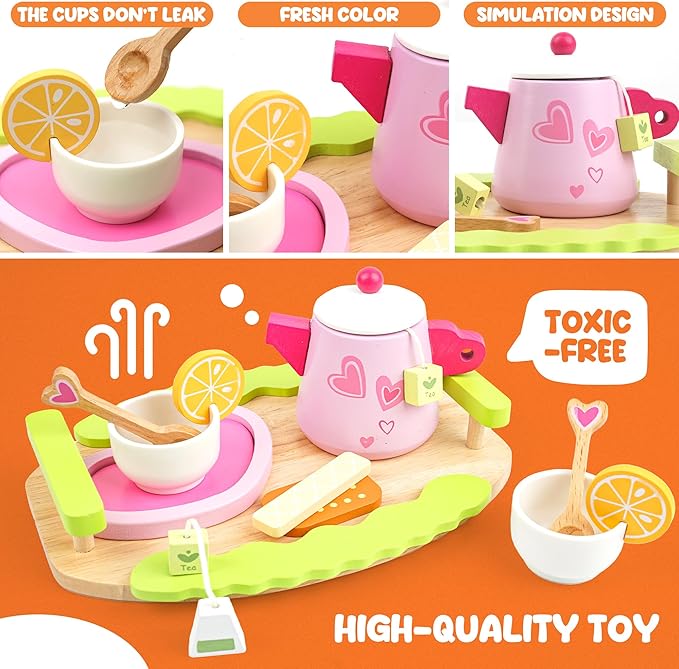 Wooden Play Tea Set for Little Girls - Tea Party Set with Teapot, Cookies, Pretend Play Food and Other Kitchen Accessories, Toys for Girls Boys 3 4 5 6 7 8 Years Old
