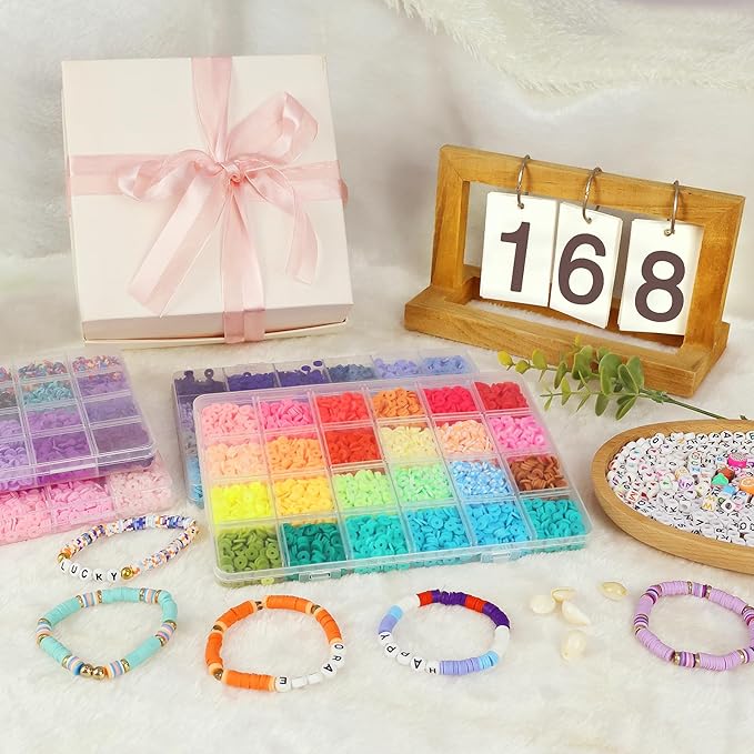 Redtwo 26000 Pcs Clay Beads Bracelet Making Kit, 168 Colors 8 Boxes Flat Polymer Clay Heishi Beads for Friendship Bracelet Jewelry Making Kit, with Charms Crafts Gifts for Teen Girls Kids Adults