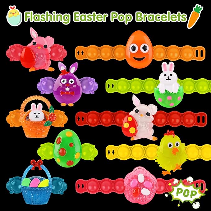 NPET 10 Pack Easter LED Bracelets Easter Basket Stuffers Party Favors for Kids Easter Light Up Bracelets Pop Fidgets Toys Easter Egg Fillers Kids Return Gifts Birthday Party Class Prize Bulk Toys