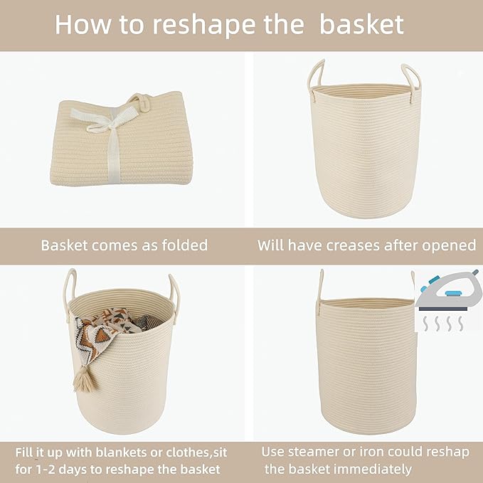 XUANGUO Cotton Rope Laundry Basket Hamper for Clothes Woven Storage Basket for Living Room Bedroom Boho Tall Rope Baskets for Blanket Toys Pillow Towels Baby Nursery Hamper Bin beige