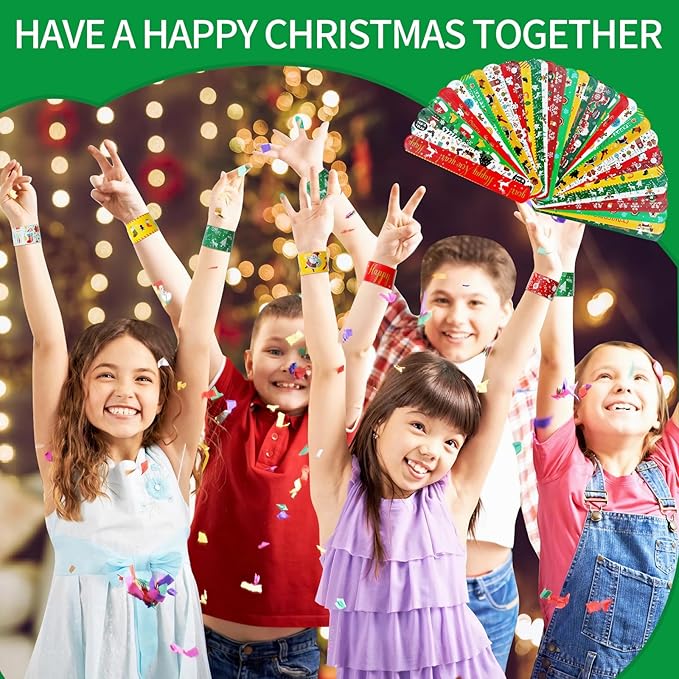 96 PCS Christmas Party Favors for Kids Bulk,Treats Bags Slap Bracelets Holiday Slap Bracelet Trinkets for kids School Classroom Students ,Goody Goodies Bag Stocking Stuffers Gifts Toys Xmas Gift