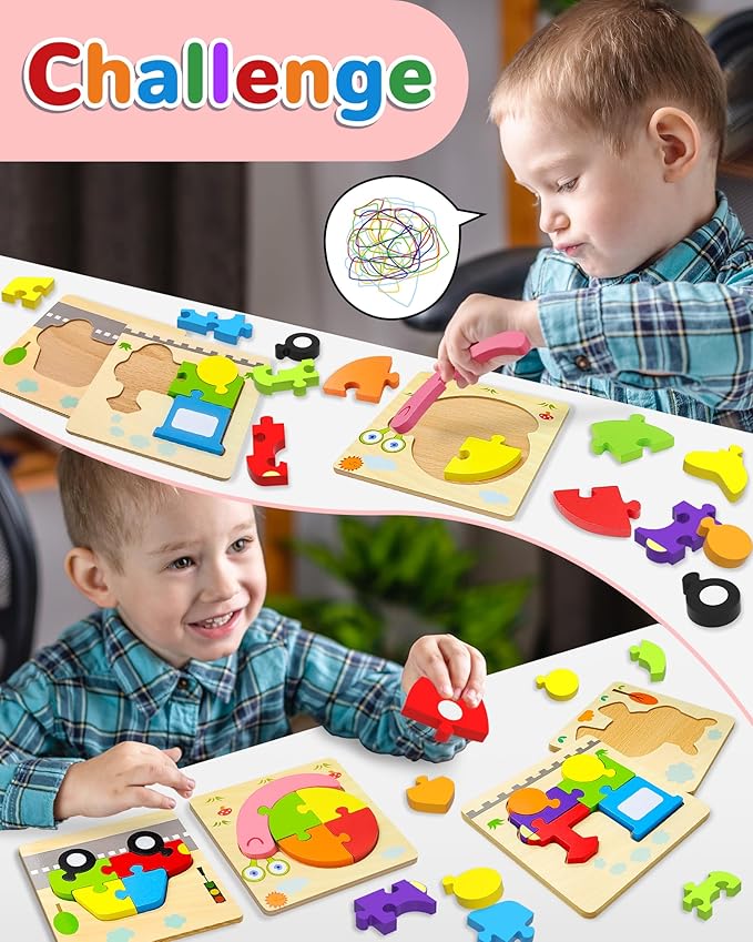 Yetonamr Wooden Toddler Puzzles Gifts Toys for 1 2 3 Years Old Boys Girls, 8 Vehicle Shape Montessori Toys Educational Blocks Kids Toys Gift Baby Learning Toy Age 1-3, 2-4