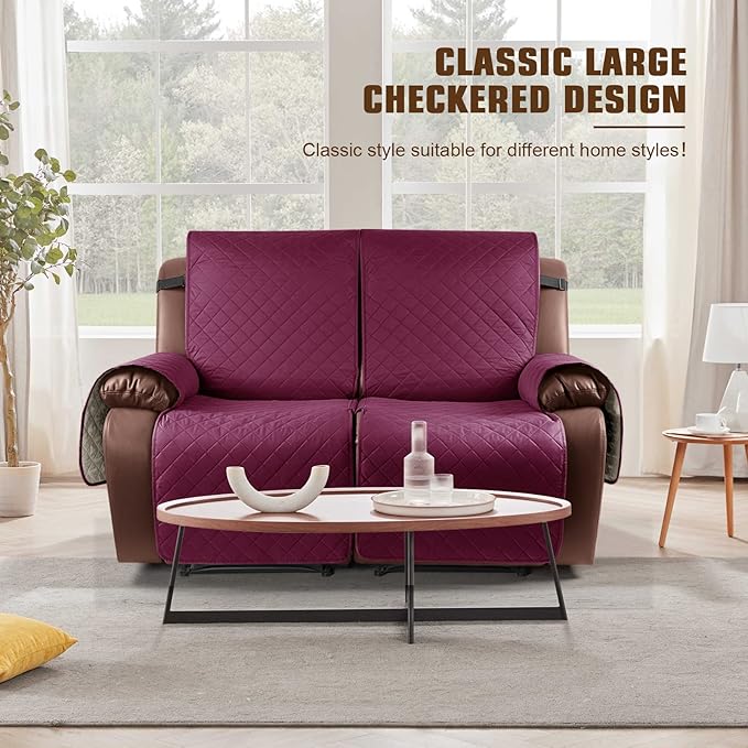 KinCam Waterproof Loveseat Recliner Cover, Non-Slip Reclining Couch Covers for 2 Seat, Recliner Sofa Cover Furniture Protector with Elastic Straps for Kids, Pets, Burgundy