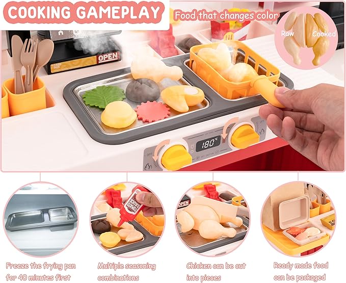 Kids Kitchen Play Set,Interactive Kids Kitchen Play Set with 82Pcs of Kitchen Toys,Realistic Sound Effects,and Simulated Functionality - Suitable for Toddlers (Red Kitchen Play Set)