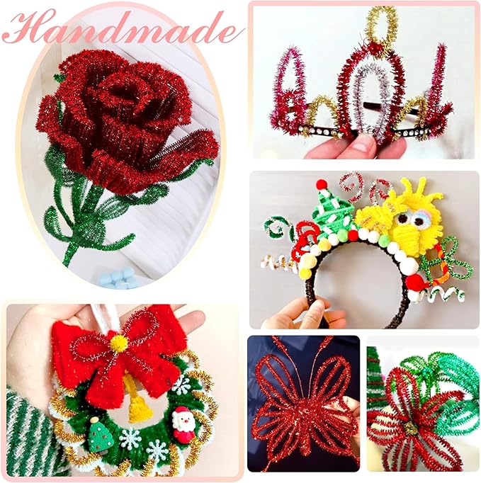 TOAOB 100pcs Christmas Glitter Pipe Cleaners Red Metallic Pipe Cleaners Craft Supplies 6mm x 12 Inch Chenille Stems Pipe Cleaners for Art DIY Crafts Decorations