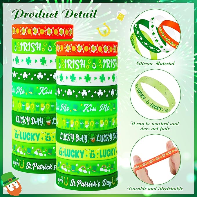 Wettarn 60 Pcs St. Patrick's Day Silicone Bracelets Shamrock Party Favors Irish Rubber Wristbands for Kids Adults Clover Party Supplies School Classroom Prizes Gifts