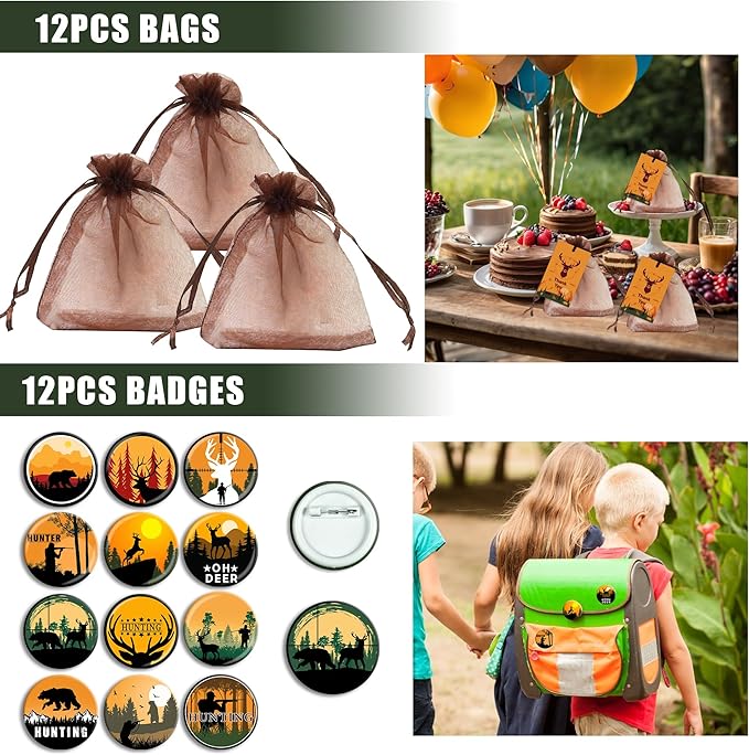 Tazimi 110 PCS Hunting Party Favors Hunting Birthday Party Supplies Camo Party Favors with Hunting Keychains Stickers Rubber Bracelets Button Pins and Bags for Hunting Theme Party