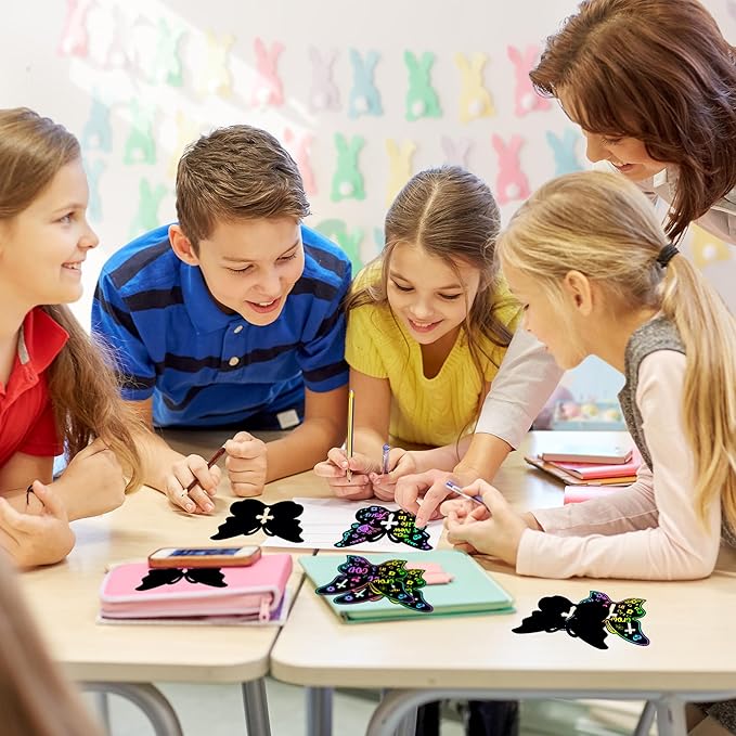 BeYumi 60Pcs Spring Christian Butterfly Scratch Cards for Kids DIY Religious Cross Magic Rainbow Color Craft Kit Scratch Paper Art Spring Resurrection Sunday School Classroom Decorations Gifts