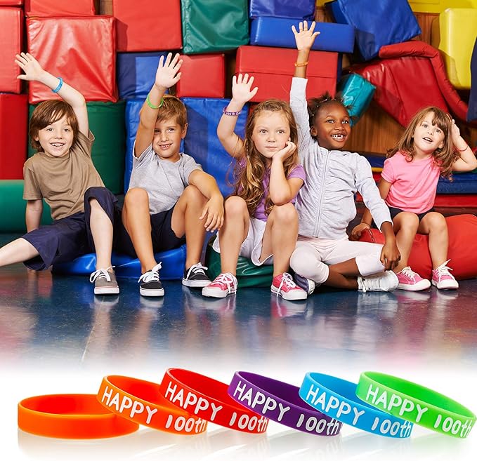WILLBOND Happy 100th Day of School Silicone Bracelets Colorful Rubber Wristbands Gift for Kindergarten Teacher Student Rewards Classroom Party Supplies Decoration(65)