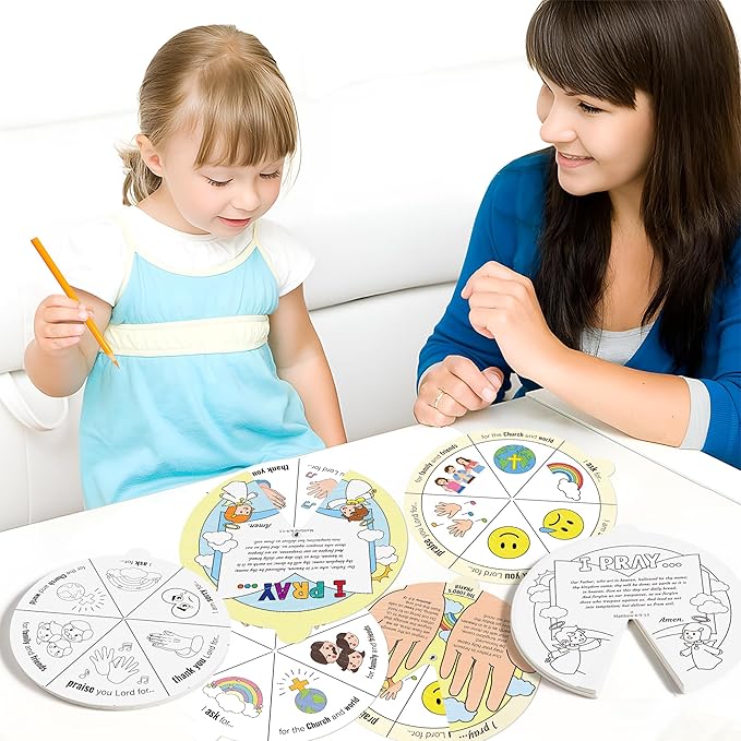COcnny Bible Prayer Religious Craft - 24 Sets Christian Jesus Coloring Wheel Cards Creation Game Activities for Kids, The Lord’s Prayer Biblical Art Craft for Sunday School Classroom Ages 3-5 4-8 8-12