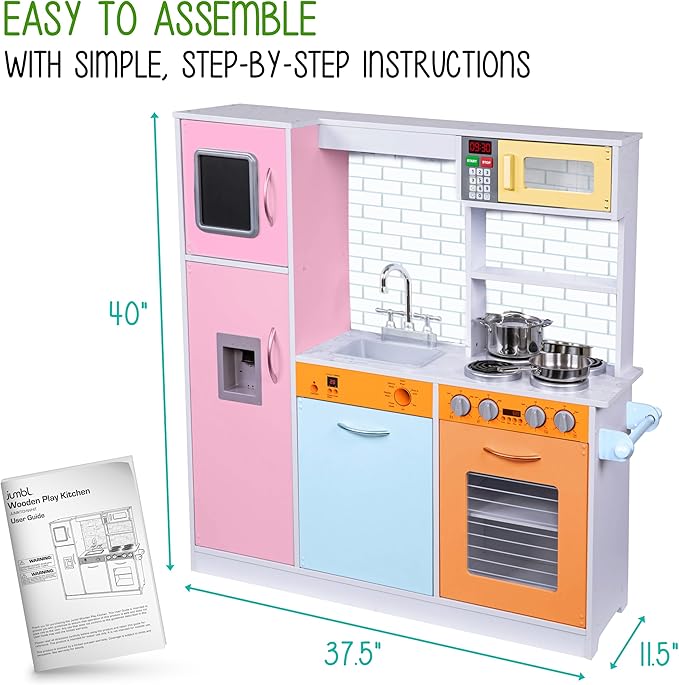 Lil' Jumbl Kids Kitchen Set, Pretend Wooden Play Kitchen, Battery Operated Icemaker & Microwave with Realistic Sound, Pots & Pan Included - Colorful