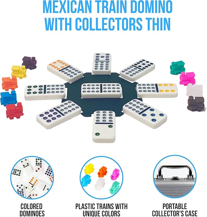 Regal Games - Double 12 Mexican Train Dominoes - Colored Dots Set - Fun Family-Friendly Dominoes Game - Includes 91 Tiles, Collector's Case & Plastic Hub w 9 Plastic Trains - Ideal for 2-8 Players