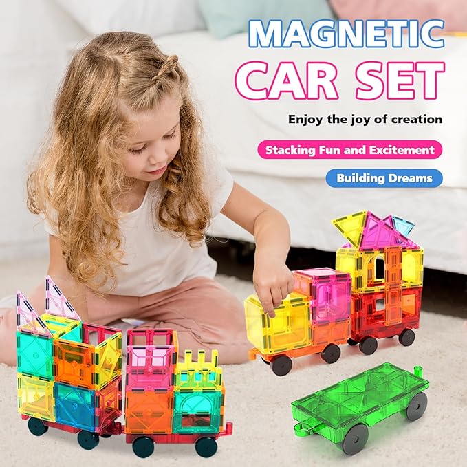 Magnetic Tiles Cars Construction Set, 4 PCS Magnetic Cars Magnetic Building Blocks Cars Toy for Kids Ages 4-8 3-5 Magnet Bricks Truck Kit Educational Sensory Toys Gifts for 3+ Year Old Boys & Girls
