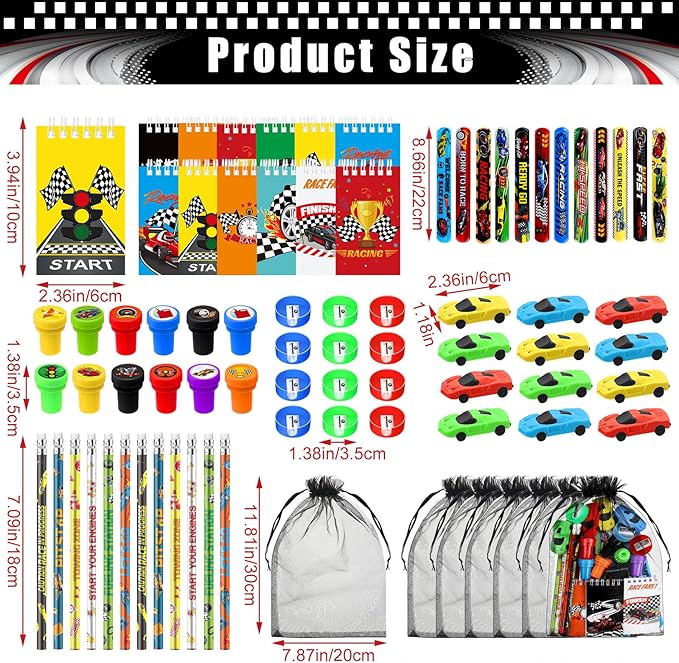 Shappy 84 Pcs Race Car Party Favors Racing Stationery Set Spiral Notebook Slap Bracelets Pencils Erasers Sharpeners Stampers Organza Bags for Racing Theme Classroom Prize Gift Birthday Party Supplies