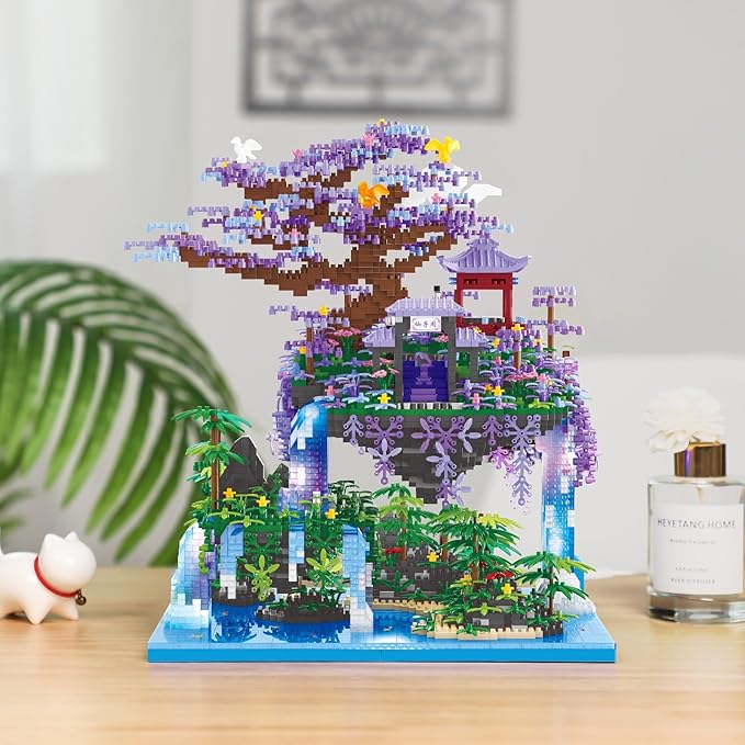 Chinese Moon Palace Pavilion Building Blocks Set - Micro Miniature Bonsai Tree House with String Lights and Flowers for Adults and Kids (4574 Pieces)