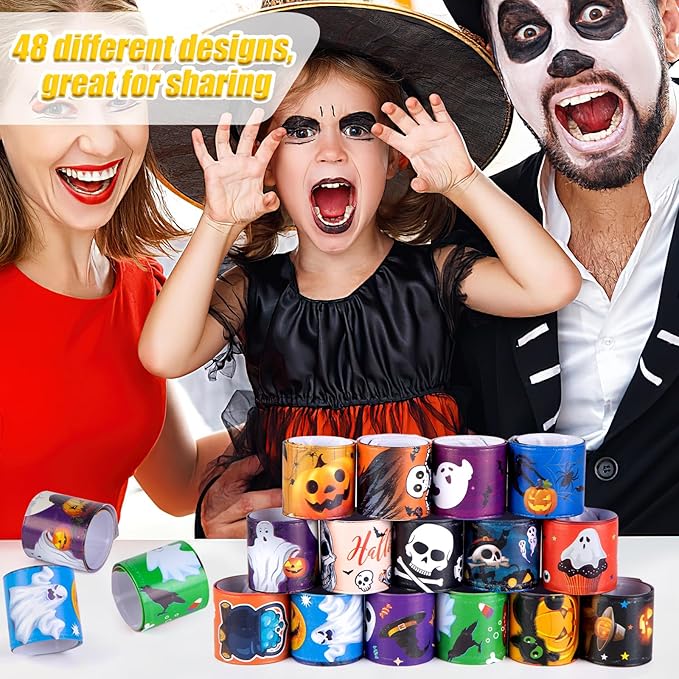 Shindel Halloween Slap Bracelets, 96PCS Kids Halloween Party Favors Halloween Slap Bands Wristbands Bulk for Goodie Bag Stuffers Trick or Treat