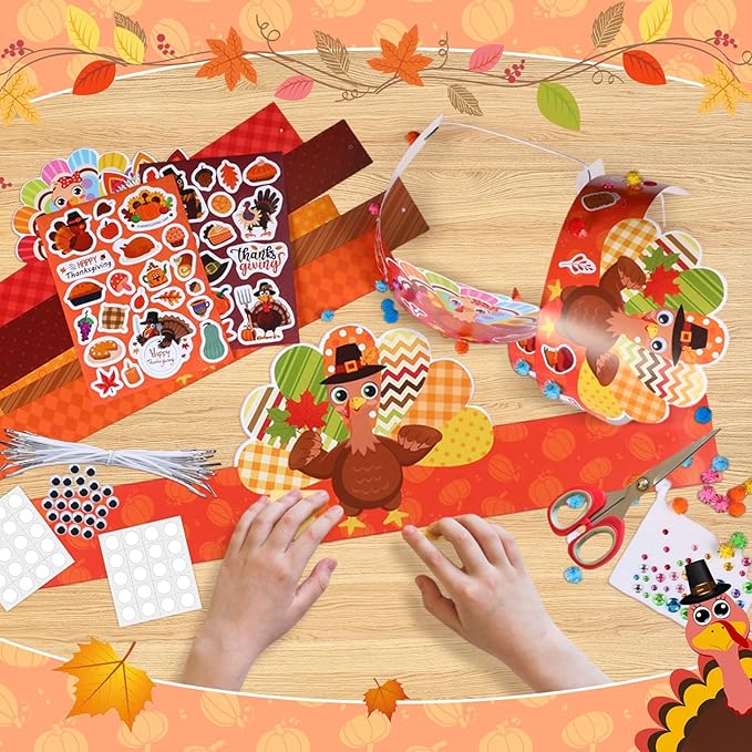 24 Set Thanksgiving Turkey Arts Crafts Kits DIY Thanksgiving Craft Headband Turkey Paper Hat with Pumpkin Fall Leaf Turkey Stickers Gems Eyes Sheets for Thankful Activities Crafts Supplies
