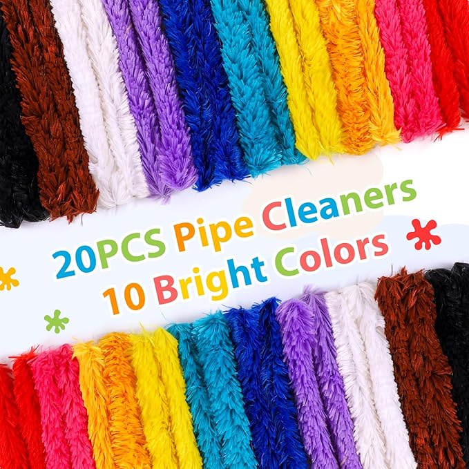 Caydo 20 Pieces Extra Thick Pipe Cleaners Craft Supplies 10 Colors Soft Chenille Stems for Kids Art Craft DIY Projects Creative Decoration (30 mm x 12 Inch)