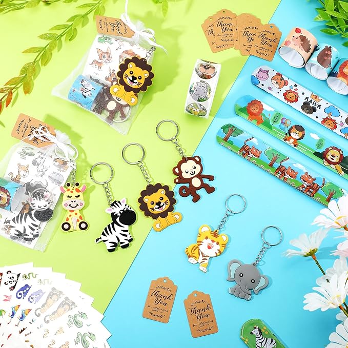 Fumete 121 Pcs Jungle Safari Party Favors Birthday Supplies for Boys Girls Include Jungle Animal Slap Bracelets Keychains Temporary Tattoos Animal Sticker Roll White Organza Bags and Thank You Tag