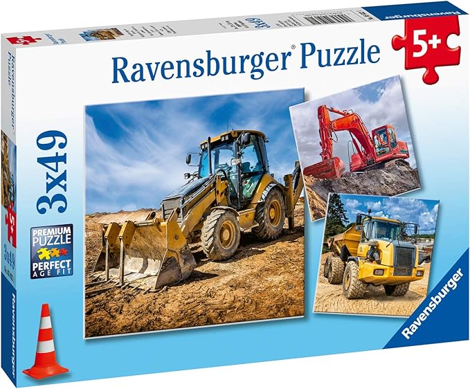 Ravensburger Diggers at Work Puzzle Set | 3x49 Piece Jigsaw Puzzles for Kids | Screen-Free Activity | Boosts Concentration and Focus | Great Gift