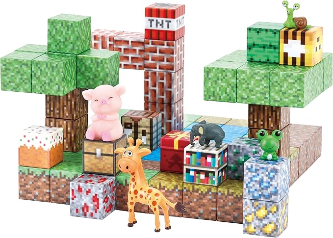 137PCS Magnetic Building Blocks Construction - STEM Magnetic Toys Sensory Set with Animal Figurines & Booklet - 1" Magnet Cube for Boys Girls, Game Based Magnetic Blocks for Kids 3-9