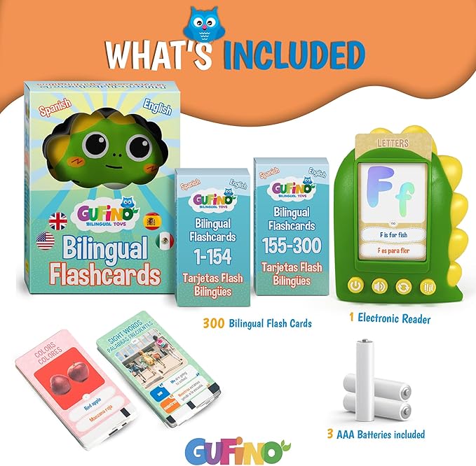 GUFINO Talking Flash Cards for Toddlers – 300 Fun and Interactive English & Spanish Flash Cards to Strengthen Cognitive Abilities & Boost Language Development – Learning Toys for Quality Family Time