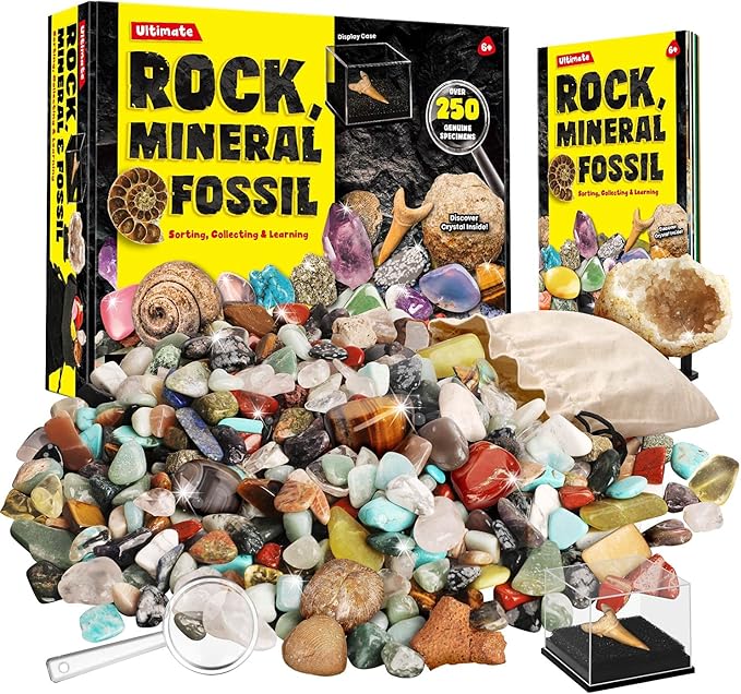 Rocks Minerals & Fossils Collection for Kids 250+ Real Gemstones and Crystals Rock Identification Kit includes Display Case, Genuine Fossils, Geodes Great Geology, Science Gift for Boys & Girls