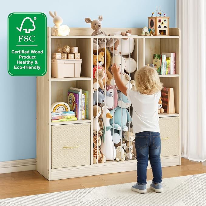 EXPERLAM Toy Storage Organizer with Stuffed Animal Storage, Wooden Toy Organizer & Stuffed Animal Zoo, 6 Cubes Shelf with Removable Drawers, 4 -in-1 Book Shelf for Kids Room, Playroom, Nursery