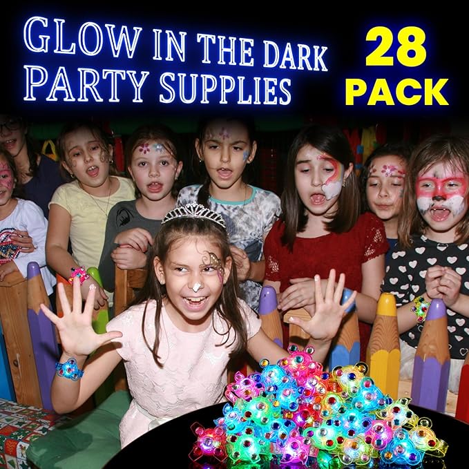 WELLVO 28 Pack Party Favors for Kids 4-8-12 - LED Light Up Fidget Spinner Bracelets Glow in The Dark Party Supplies, Birthday Gifts, Treasure Box Toys, Carnival Prizes, Pinata Goodie Bags Stuffers
