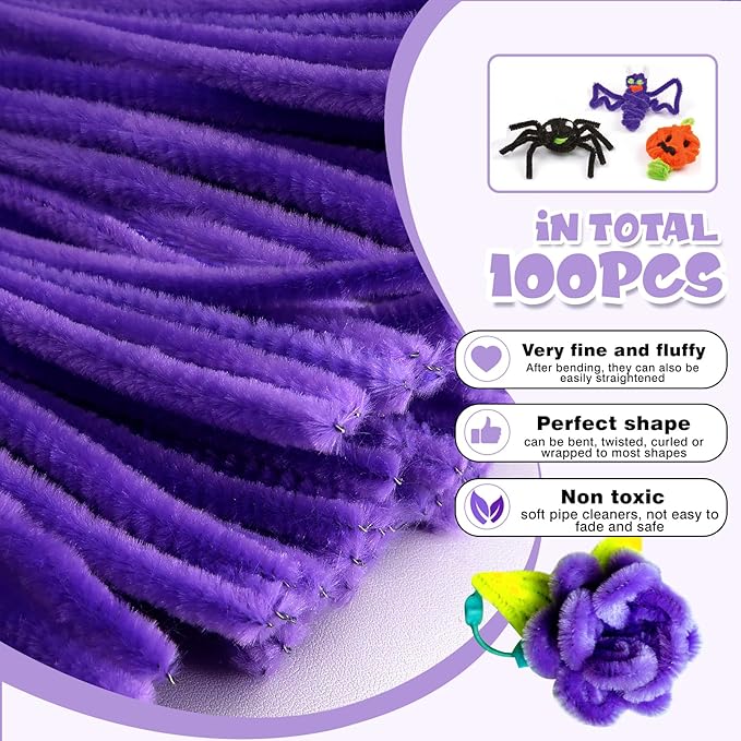 TOAOB 100pcs Pipe Cleaners Purple Pipe Cleaners Chenille Stems 6mm x 12 Inch Pipe Cleaners Craft Supplies for Art DIY Crafts Decorations