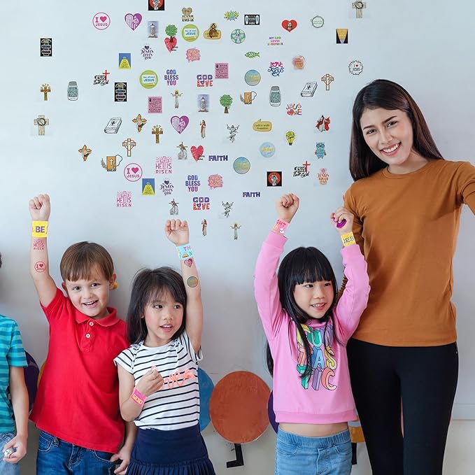 Kolewo4ever 244 Pieces Bible Verses Gifts Set:144 Pieces Bible Verses Slap Bracelets Religious Christian Wristbands 100 Pieces Bible Verses Stickers for Church Gatherings and Additional Activities