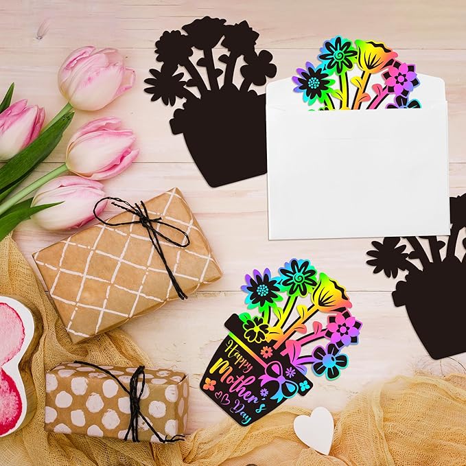 BeYumi Flower Scratch Cards Craft - 28Pcs Teacher Appreciation Flower Scratch Cards Craft Kit with Envelopes DIY Magic Rainbow Color Flower Pot Mother's Day Greeting Cards School Classroom Home Kids