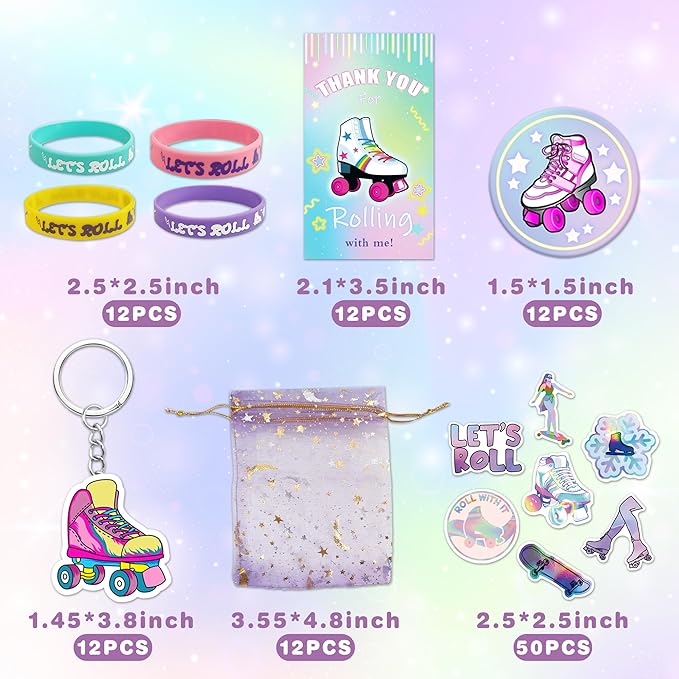 110 PCS Roller Skate Party Favors Skating Party Supplies with Key Chains Button Pins Stickers Rubber Bracelets for Hip Hop Disco 80s 90s Themed Party (style 1)