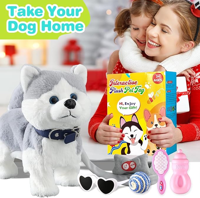HCdoujoy Husky Walking Dog Barking Toy, Musical Singing Dancing Volume Control Interactive Puppy Walk Along with Leash, Wagging Tail Shaking Head, Robot Plush Stuffed Animal Puppy for Kid