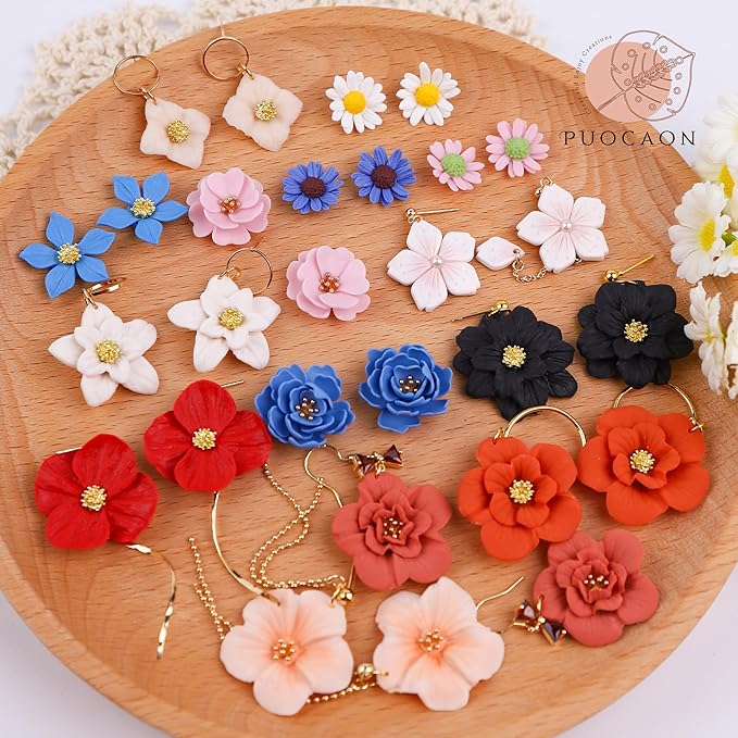 Puocaon Petal Polymer Clay Cutters - 12 Pcs Petal Clay Cutters for Polymer Clay Jewelry, 20 Pcs Flower Pistil Brass Charms 2 Petal Texture Clay Molds for Polymer Clay Jewelry, Flower Earrings Making