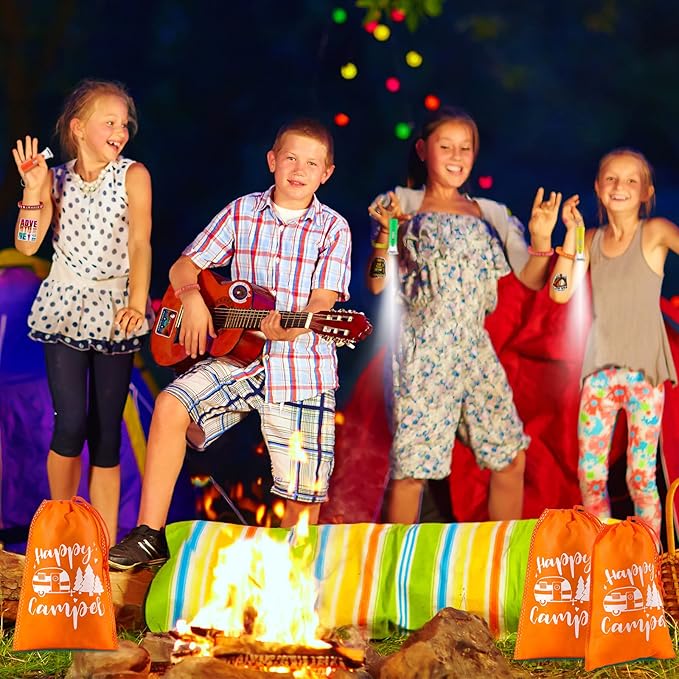 Camping Party Favors Camp Party Gifts Include Camping Themed Silicone Bracelet Mini Flashlight Keychain Assorted Camping Sticker and Gifts Drawstring Bags Camping Party Supplies for Kids (220 Pieces)
